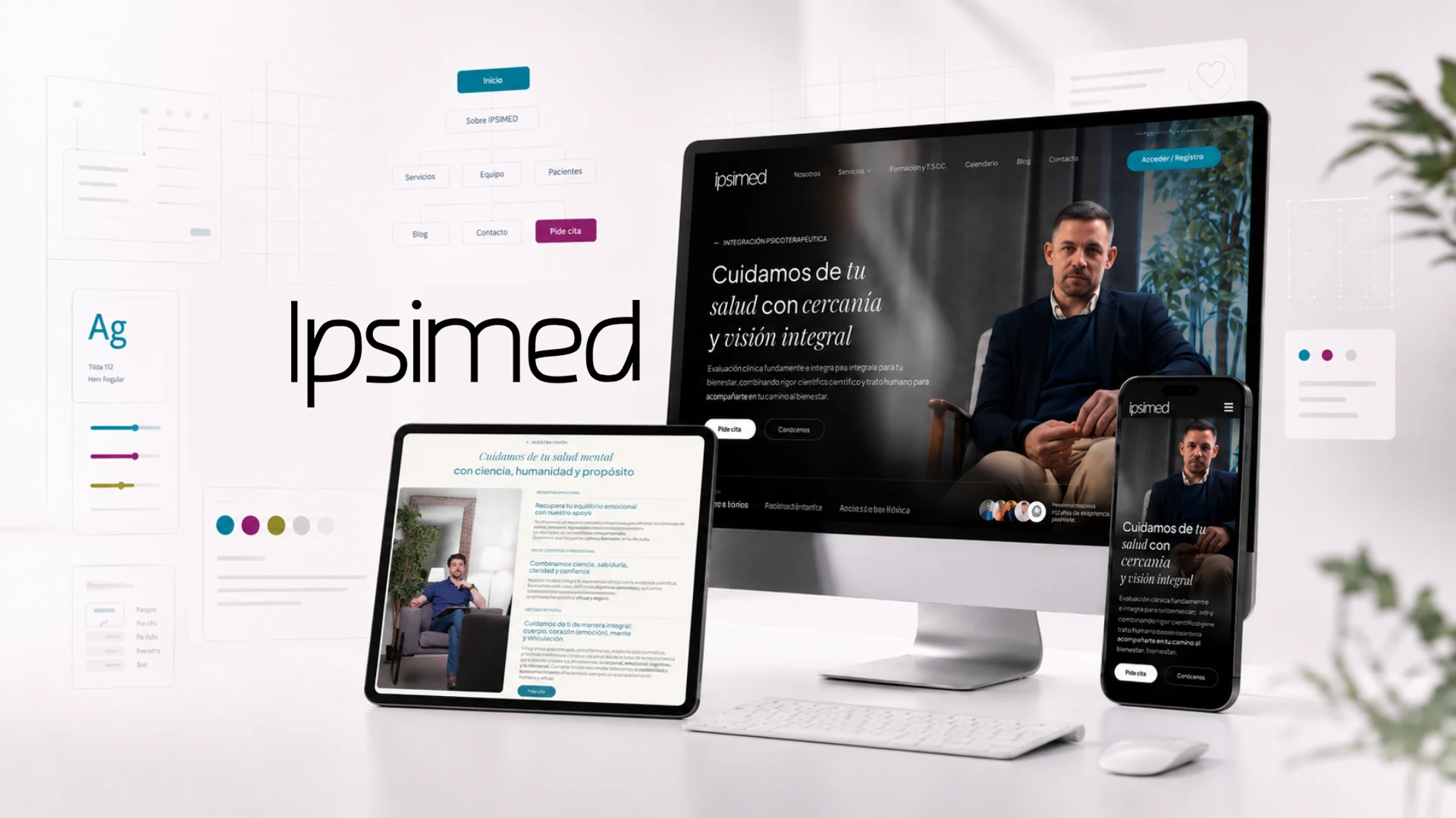 Diseño web corporativo responsive de Ipsimed en ordenador tablet y móvil