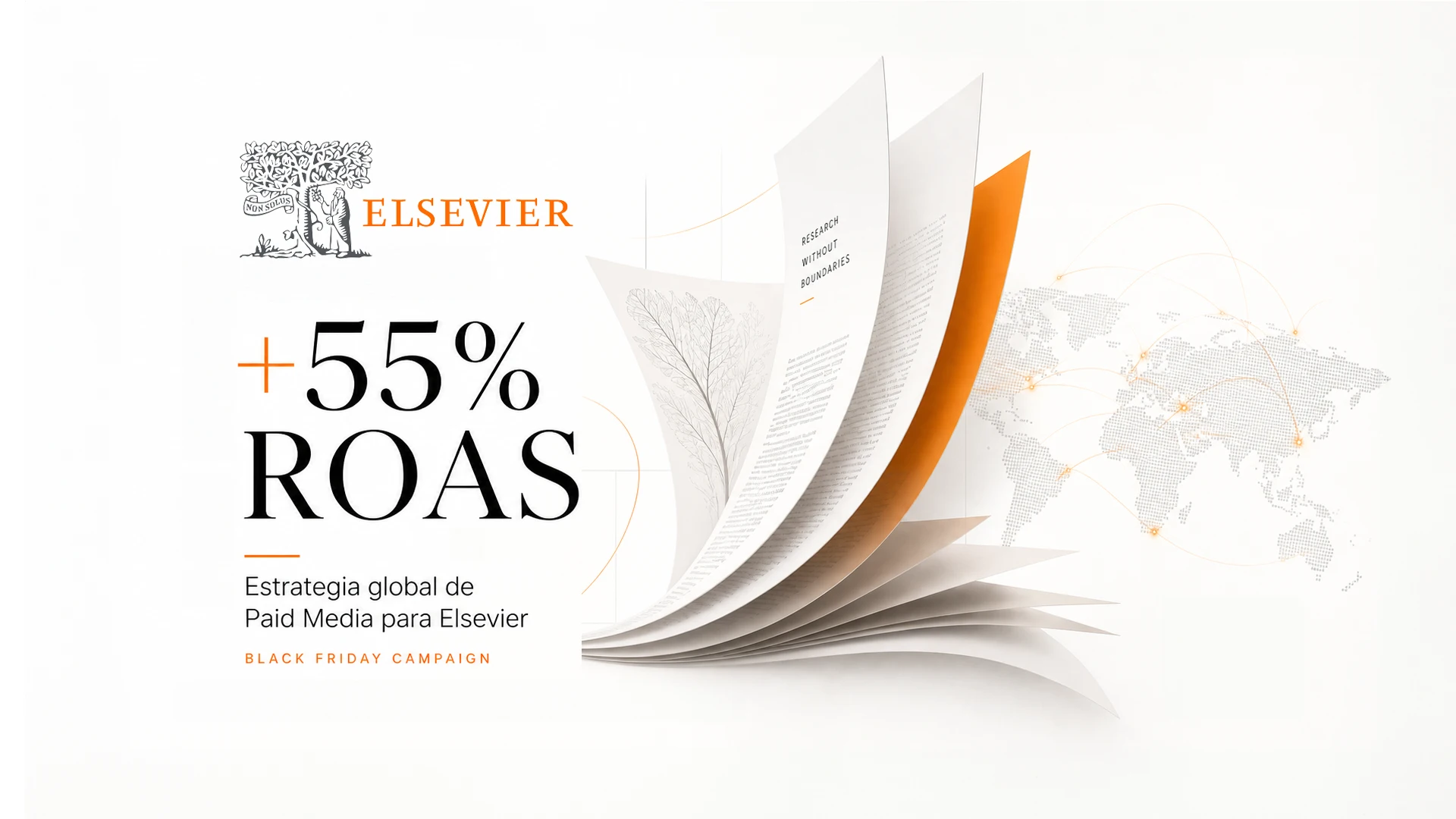Caso de éxito de paid media de Clicknaranja para Elsevier con incremento del 55% en ROAS en campaña global de Black Friday